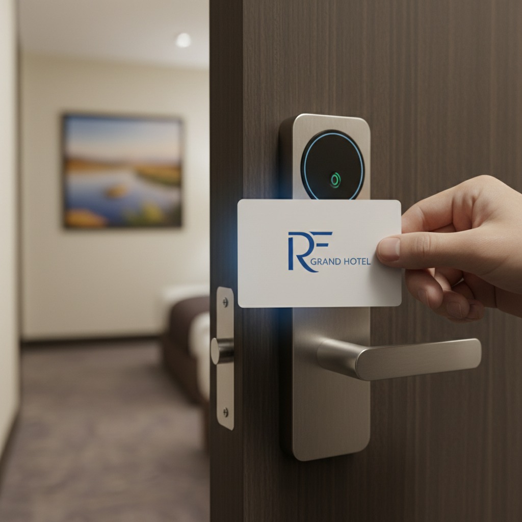 A guest uses a key card to unlock a hotel room door.