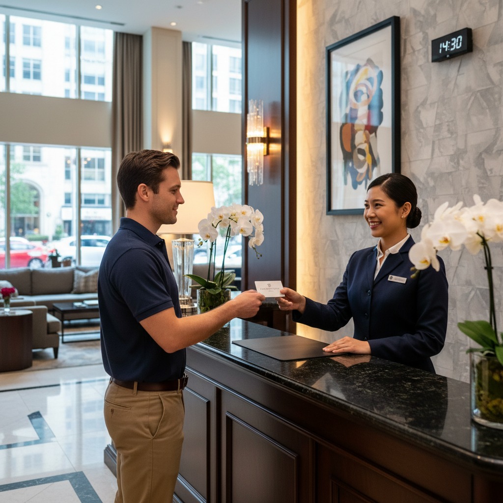 A male guest hands a key card to a smiling female receptionist across the front desk of a modern hotel lobby.