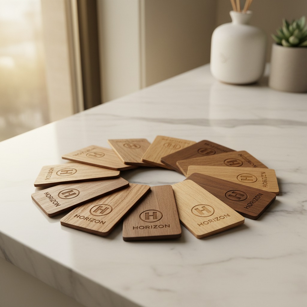 Ten rectangular wooden cards in various shades are arranged in a circle on a white marble countertop, each engraved with a circled letter H and the word HORIZON.