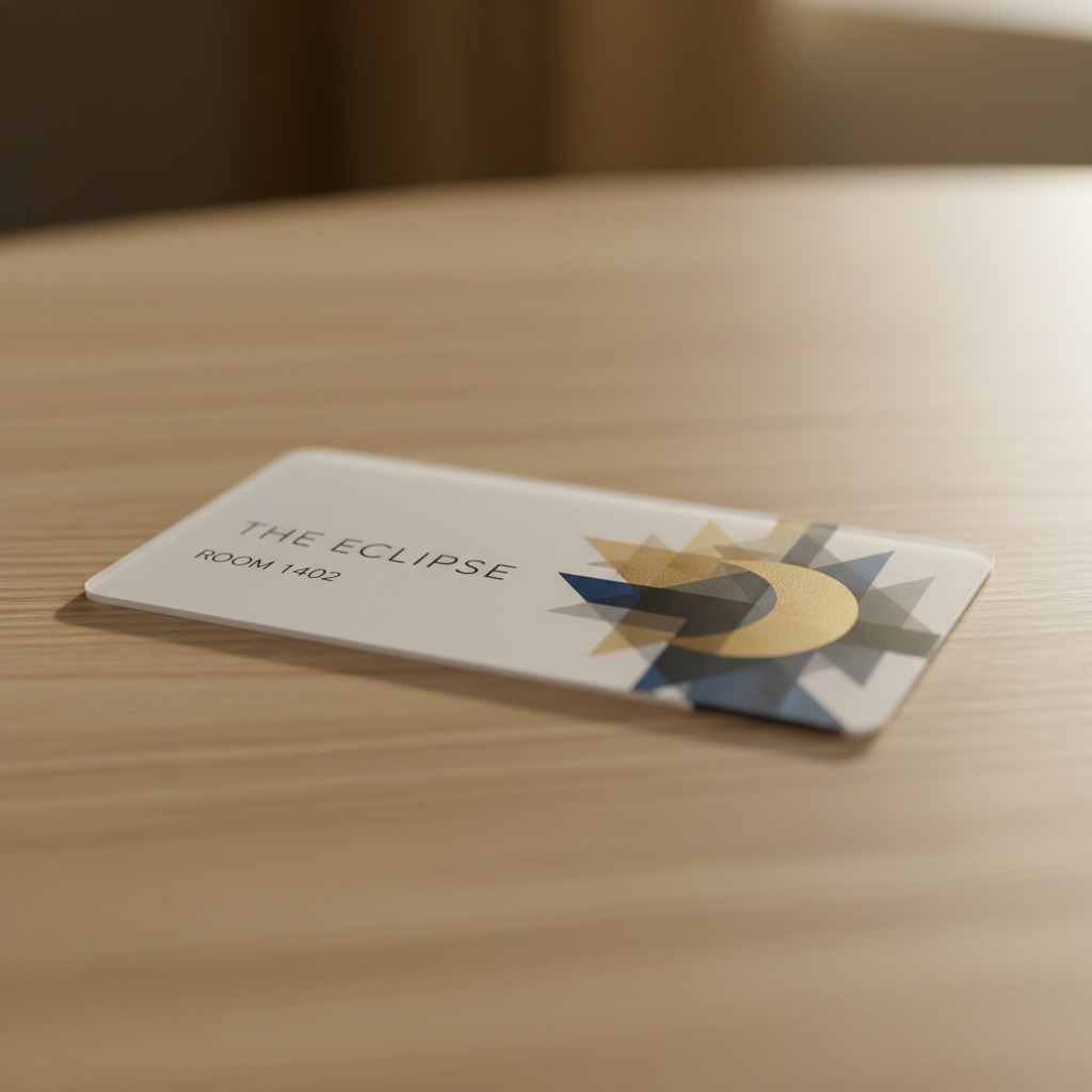 A hotel key card for The Eclipse, room 1402, rests on a wooden table.